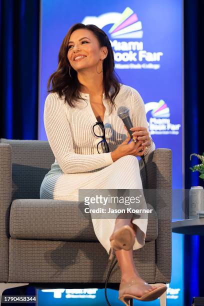 Eva Longoria speaks onstage at An Afternoon With Kerry Washington In Conversation With Eva Longoria during the 2023 Miami Book Fair at Miami Dade...