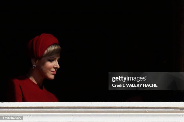 Princess Charlene of Monaco is seen at the balcony of the Prince's Palace of Monaco during a ceremony marking the National Day in Monaco, on November...