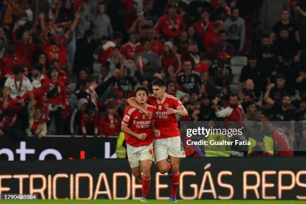 Joao Neves of SL Benfica celebrates with teammate Antonio Silva of SL Benfica after scoring a goal during the Liga Portugal Betclic match between SL...