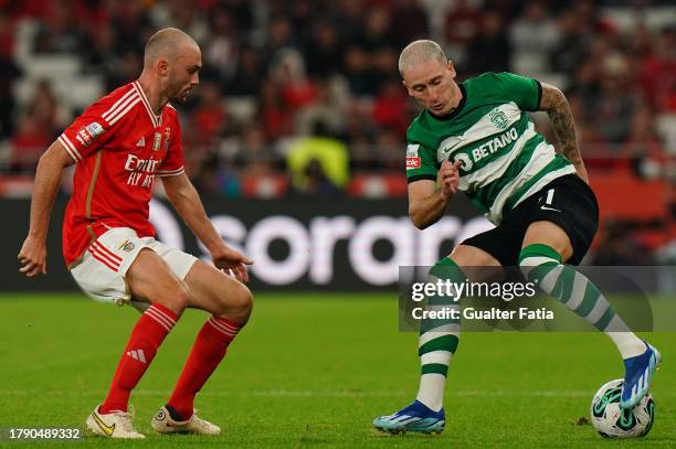 Nuno Santos of Sporting CP with Fredrik Aursnes of SL Benfica in action during the Liga Portugal Betclic match between SL Benfica and Sporting CP at...