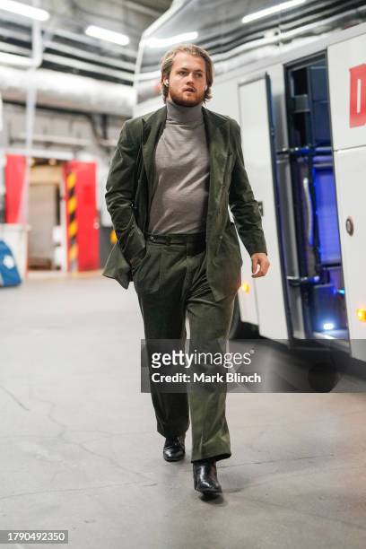 William Nylander of the Toronto Maple Leafs arrives before facing the Minnesota Wild during the 2023 NHL Global Series Sweden at Avicii Arena on...