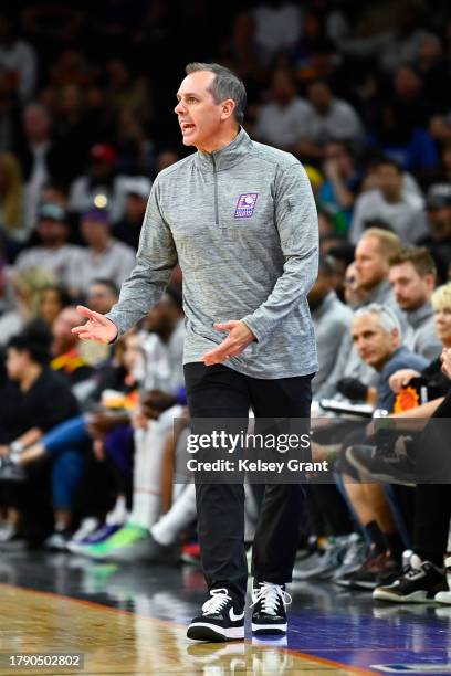 Head coach Frank Vogel of the Phoenix Suns reacts to a call during the second half against the Oklahoma City Thunder at Footprint Center on November...