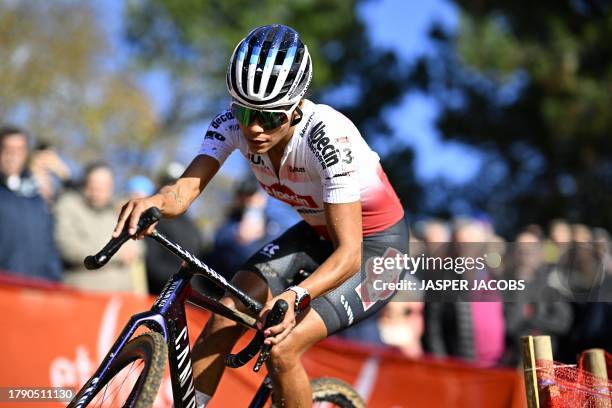 Dutch Ceylin Del Carmen Alvarado pictured in action during the women's elite race at the World Cup cyclocross cycling event in Troyes, France, stage...