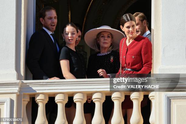 Andrea Casiraghi, Alexandra of Hanover, Princess Caroline of Hanover, Charlotte Casiraghi and Pierre Casiraghi look on from the balcony of the...