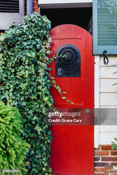 red garden door with ivy growing along side - alexandria va stock pictures, royalty-free photos & images