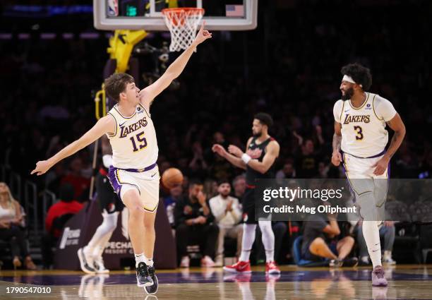 Austin Reaves of the Los Angeles Lakers reacts in the first half against the Portland Trail Blazers at Crypto.com Arena on November 12, 2023 in Los...