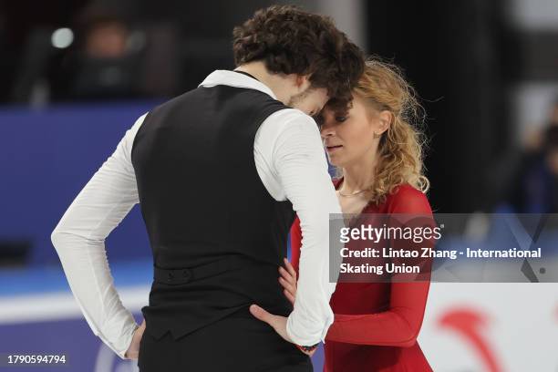 Maria Kazakova and Giorgi Revia of Georgia reacts after compete in the Ice dance free dance on day two of the ISU Grand Prix of Figure Skating - Cup...
