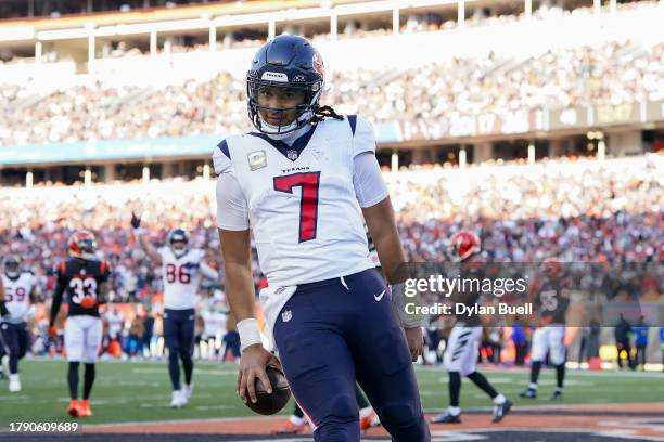 Stroud of the Houston Texans celebrates after scoring a touchdown in the fourth quarter against the Cincinnati Bengals at Paycor Stadium on November...