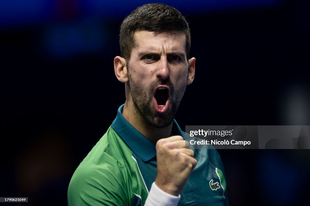 Novak Djokovic of Serbia celebrates the victory at the end...
