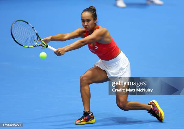 Leylah Fernandez of Team Canada plays a backhand during the Billie Jean King Cup Final match between Canada and Italy at Estadio de La Cartuja on...