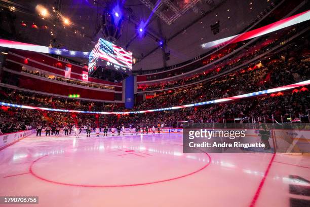 Marc-Andre Fleury of the Minnesota Wild stands for the national anthems before facing the Toronto Maple Leafs during the 2023 NHL Global Series...