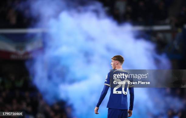 Cole Palmer of Chelsea looks on during the Premier League match between Chelsea FC and Manchester City at Stamford Bridge on November 12, 2023 in...