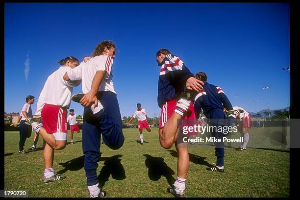 Coach Bora Milutinovic of the USA Soccer Team watches his players stretch during USA Soccer Training in Mission Viejo, California. Mandatory Credit:...