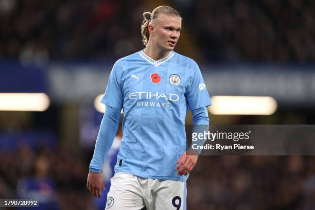 Erling Haaland of Manchester City looks on during the Premier League match between Chelsea FC and Manchester City at Stamford Bridge on November 12,...