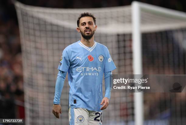 Bernardo Silva of Manchester City looks on during the Premier League match between Chelsea FC and Manchester City at Stamford Bridge on November 12,...
