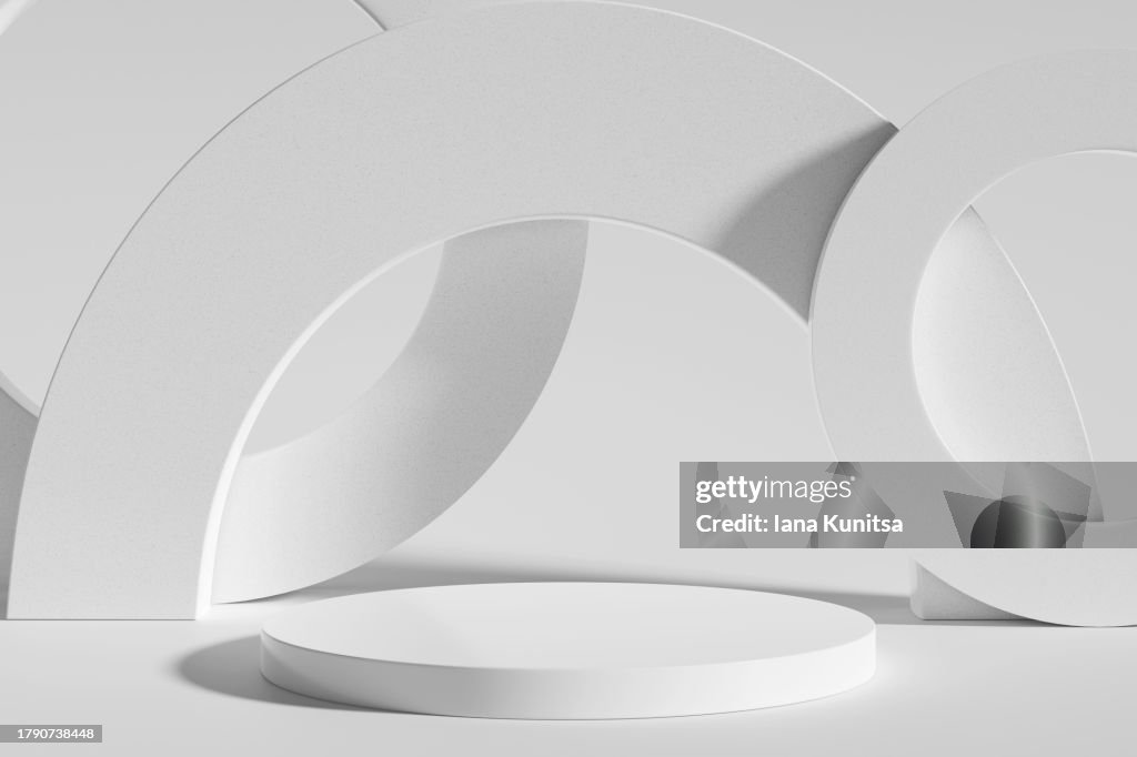 White cylinder podium, pedestal, platform for products presentation on monochrome background. Futuristic 3D pattern. Abstract geometric composition, design element.