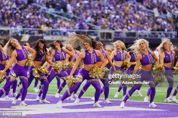 Minnesota Vikings cheerleaders dance during a time out in the game against New Orleans Saints in the first half at U.S. Bank Stadium on November 12,...