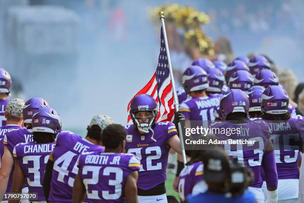 Harrison Smith of the Minnesota Vikings takes the field before the game against New Orleans Saints at U.S. Bank Stadium on November 12, 2023 in...