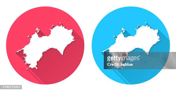 stockillustraties, clipart, cartoons en iconen met shikoku map. round icon with long shadow on red or blue background - shikoku
