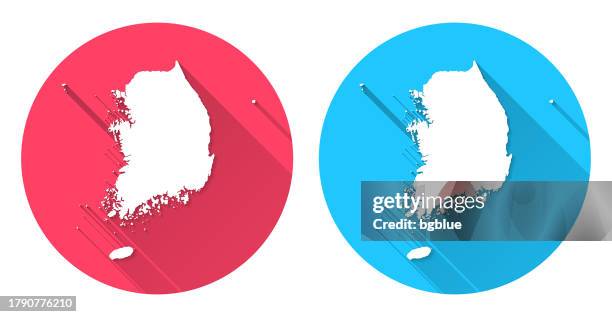 bildbanksillustrationer, clip art samt tecknat material och ikoner med south korea map. round icon with long shadow on red or blue background - south korea