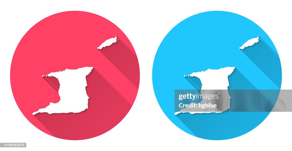 Mapa de Trinidad y Tobago. Icono redondo con sombra larga sobre fondo rojo o azul