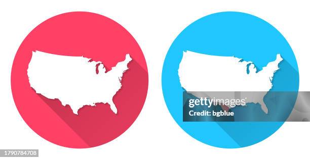 illustrazioni stock, clip art, cartoni animati e icone di tendenza di mappa degli stati uniti. icona rotonda con ombra lunga su sfondo rosso o blu - motivo con ombra lunga