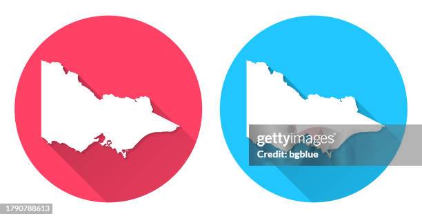 victoria map. round icon with long shadow on red or blue background - melbourne stock illustrations
