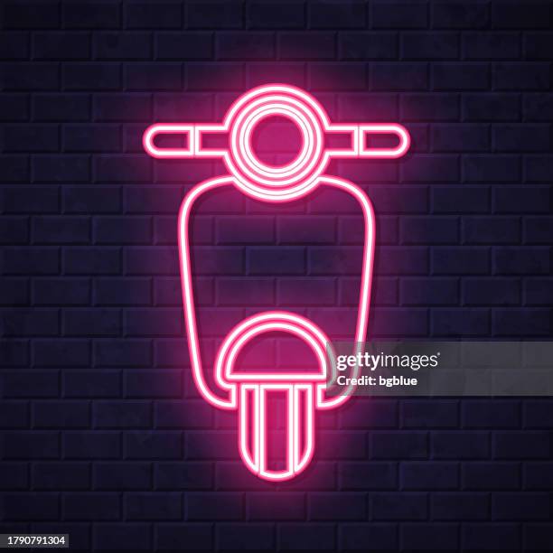 scooter motorcycle - front view. glowing neon icon on brick wall background - headlights at night stock illustrations