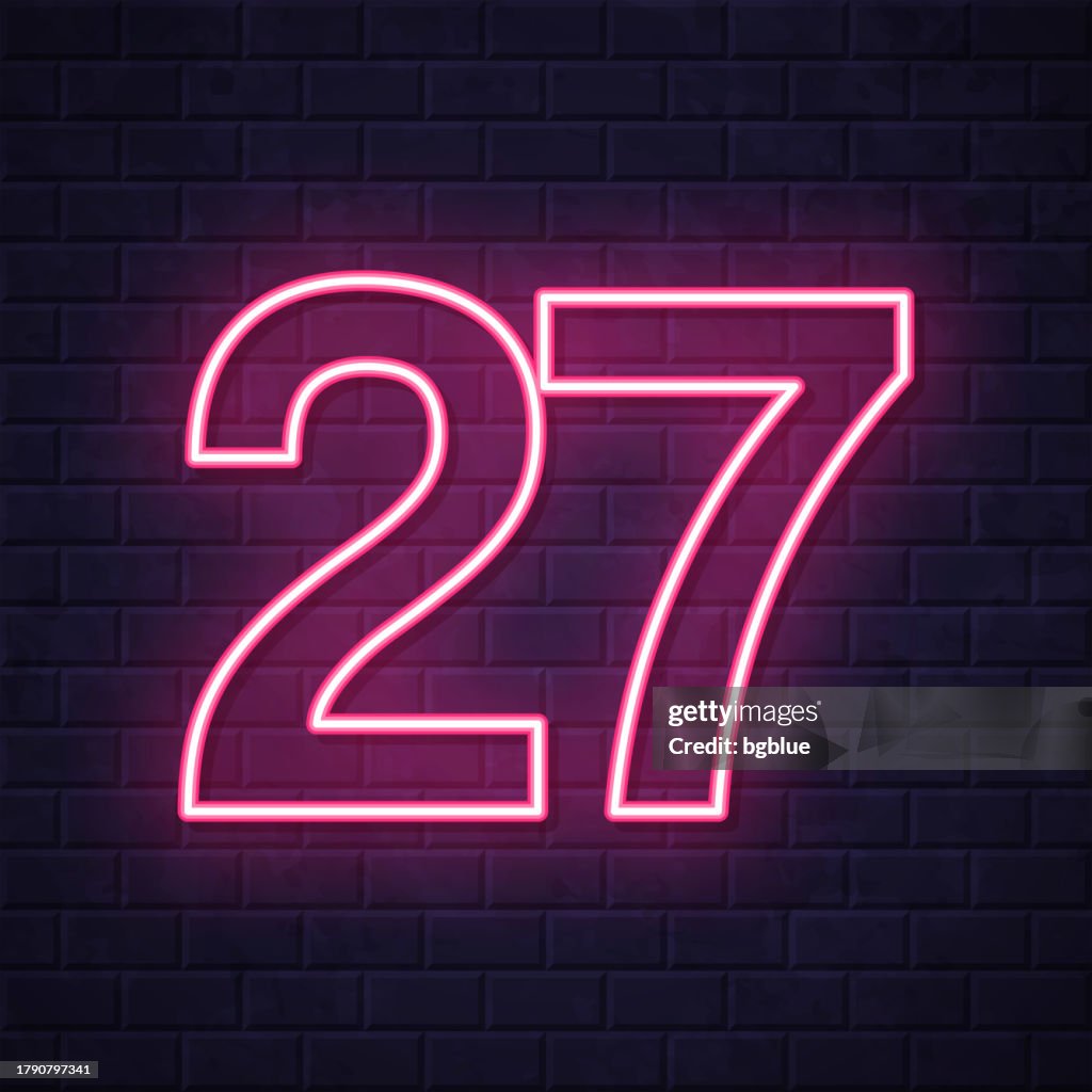 27 - Nummer siebenundzwanzig. Leuchtende Neon-Ikone auf Backsteinwandhintergrund