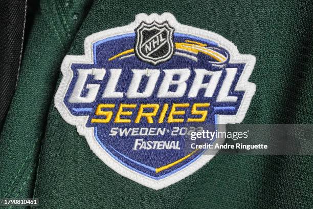 Detail of the 2023 NHL Global Series patch in the Minnesota Wild locker room ahead of the game between the Toronto Maple Leafs and Minnesota Wild at...