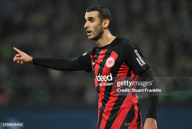 Ellyes Skhiri of Frankfurt gestures during the Bundesliga match between SV Werder Bremen and Eintracht Frankfurt at Wohninvest Weserstadion on...