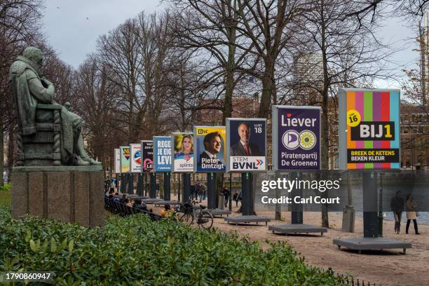 Posters for political parties are displayed near the Dutch parliament building is pictured on November 19, 2023 in The Hague, Netherlands. A snap...