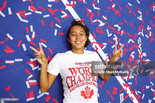 Leylah Fernandez of Team Canada poses for a photo after winning the Billie Jean King Cup Final match between Canada and Italy at Estadio de La...