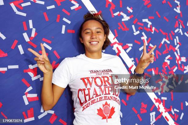 Leylah Fernandez of Team Canada poses for a photo after winning the Billie Jean King Cup Final match between Canada and Italy at Estadio de La...