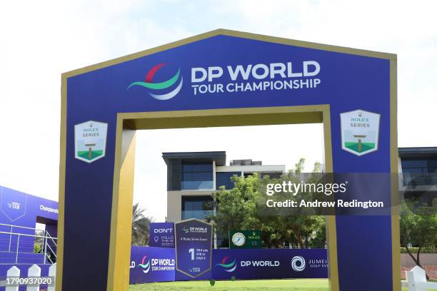 General view of the first tee prior to the DP World Tour Championship on the Earth Course at Jumeirah Golf Estates on November 13, 2023 in Dubai,...