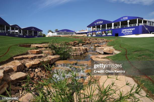 General view across the 18th hole prior to the DP World Tour Championship on the Earth Course at Jumeirah Golf Estates on November 13, 2023 in Dubai,...