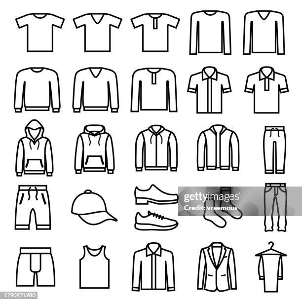 ilustraciones, imágenes clip art, dibujos animados e iconos de stock de iconos de contorno de ropa casual para hombre - chándal