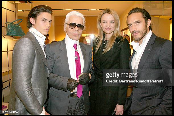 Baptiste Giacobini, Karl Lagerfeld, Delphine Vallarino Gancia and Sebastien at Cocktail Party To Celebrate The New Collection "G-Bag Tod's" At Tod's...