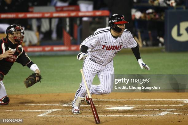 Designated hitter Kim Hyun-soo LG Twins hits a RBI single in the bottom of third inning during the Korean Series Game Five between LG Twins and KT...