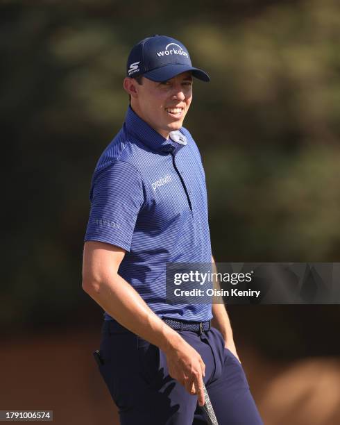 Matt Fitzpatrick of England looks on during practice prior to the DP World Tour Championship on the Earth Course at Jumeirah Golf Estates on November...