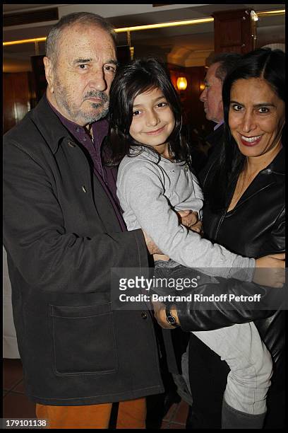 Jean Claude Carriere with wife Nahal Tajadod and their daughter Kiara at The Preview At The Club 13 In Paris Of The Documentary Jean Pierre Coffe,...