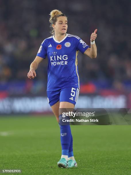 Sophie Howard of Leicester gestures during the Barclays Women´s Super League match between Leicester City and Arsenal FC at The King Power Stadium on...