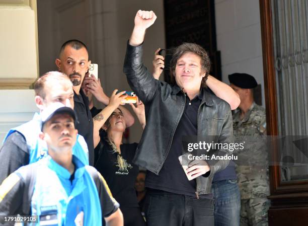 The presidential candidate for La Libertad Avanza, Javier Milei, greets during the runoff election, in Buenos Aires Argentina, on November 19, 2023....