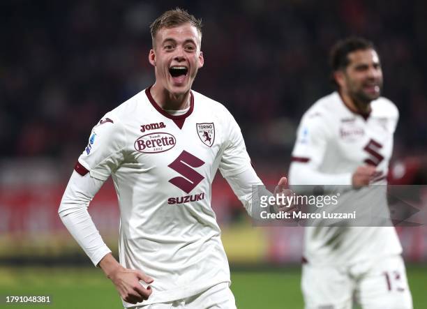 Ivan Ilic of Torino FC celebrates after scoring the opening goal during the Serie A TIM match between AC Monza and Torino FC at U-Power Stadium on...