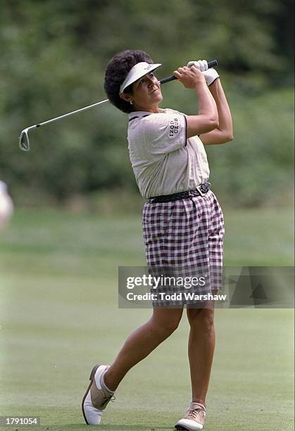 Nancy Lopez follows through a swing during the U.S. Women''s Open at the Pumpkin Ridge Golf Course in North Plains, Oregon. Mandatory Credit: Todd...