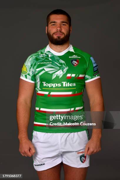 George Martin of Leicester Tigers poses for a portrait during the squad photocall for the 2023-2024 Gallagher Premiership Rugby season at Mattioli...