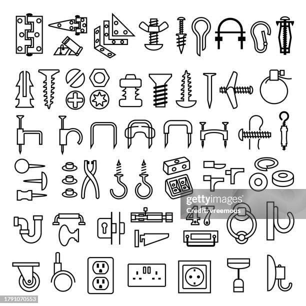 baumarktbefestigungen, schrauben, nägel und bolzen umrisssymbole - schraubenmutter stock-grafiken, -clipart, -cartoons und -symbole