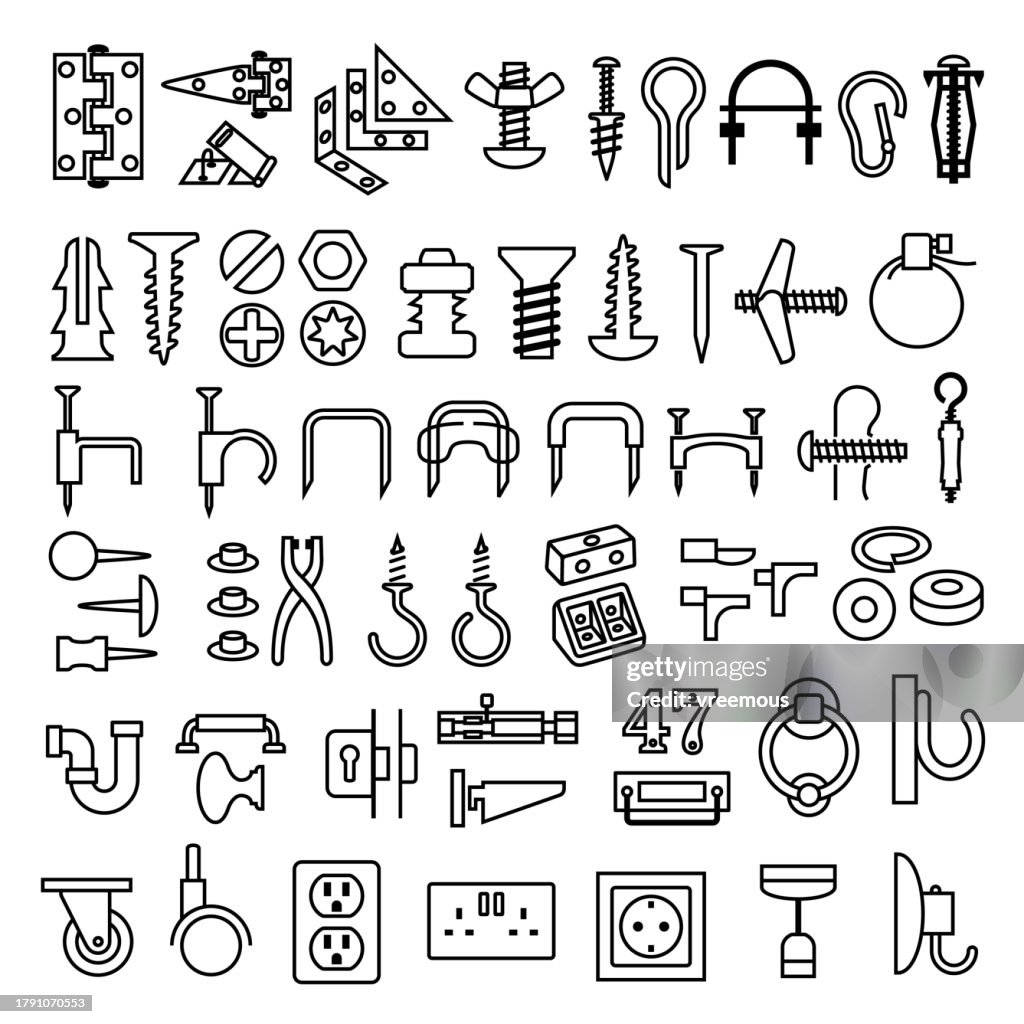 Hardware Store Fastenings, Screws, Nails and Bolts Outline Icons