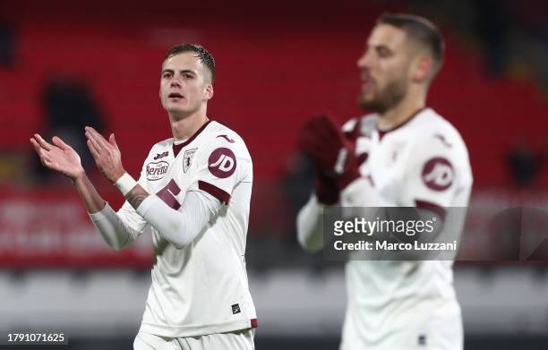 Ivan Ilic of Torino FC applauds the fans at the end of the Serie A TIM match between AC Monza and Torino FC at U-Power Stadium on November 11, 2023...