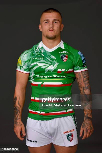 Finn Theobald-Thomas of Leicester Tigers poses for a portrait during the squad photocall for the 2023-2024 Gallagher Premiership Rugby season at...